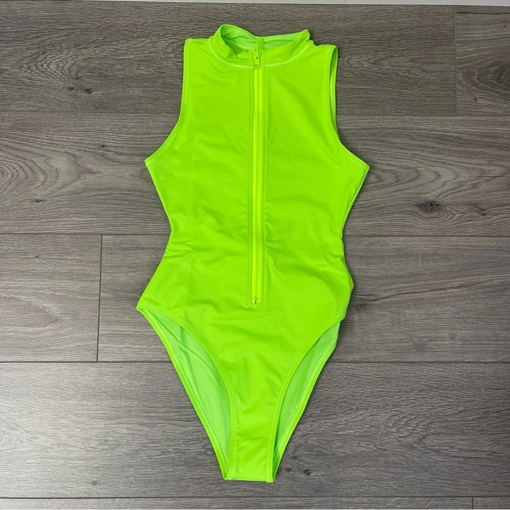 Skims Swim Zip Front Sleeveless One Piece Neon Green Size Small - Picture 3 of 5